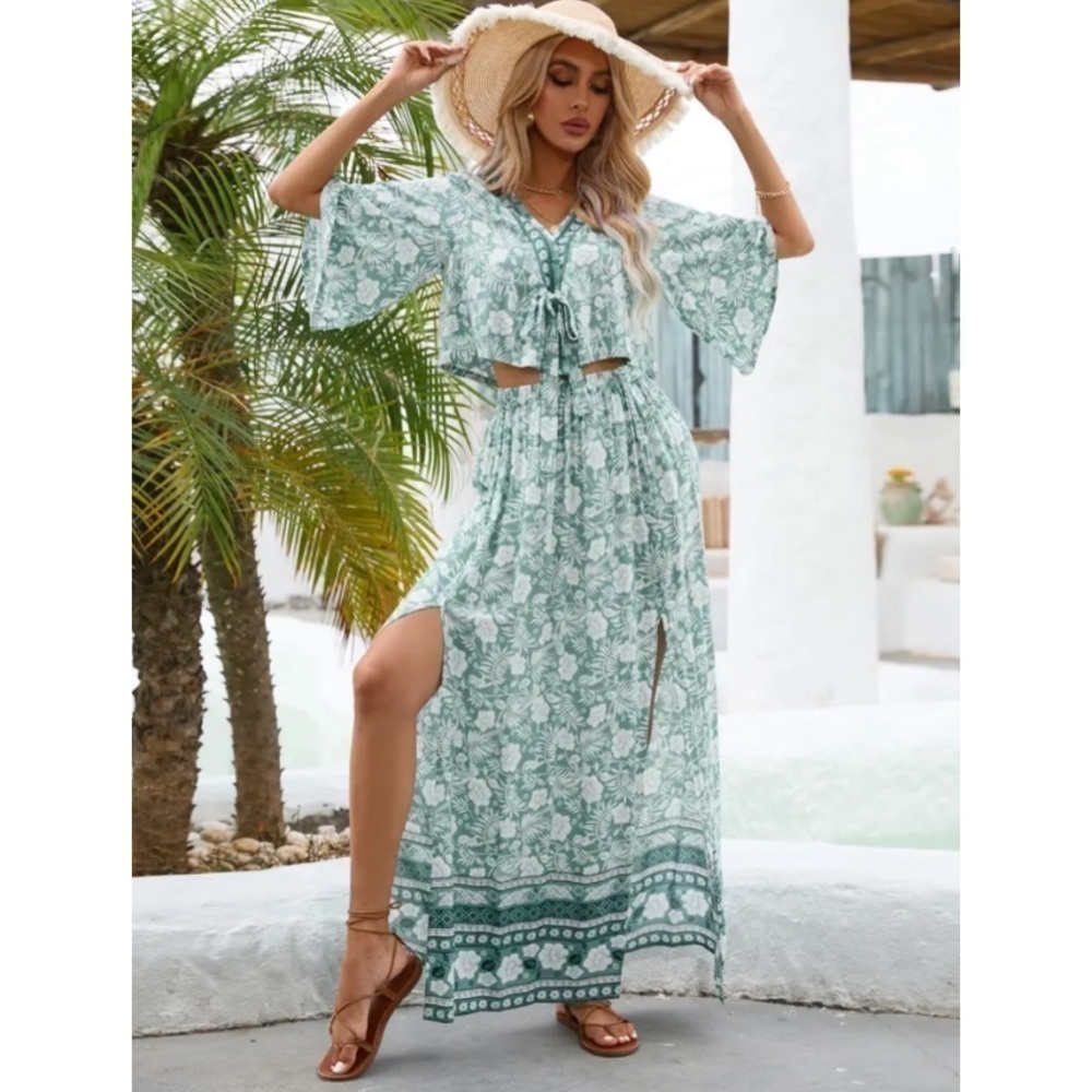 NEW Boho Tourist Mint Green Floral Print Two-Piece Short Sleeve Maxi Dress